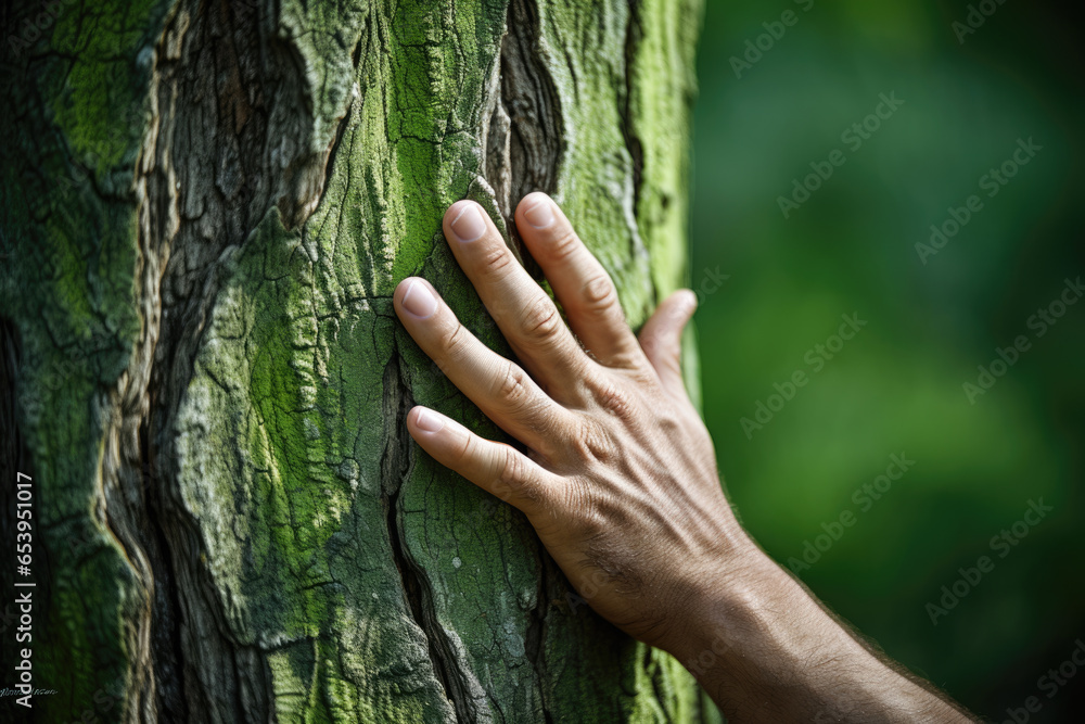Poster symbolic image of hand gently touching tree covered with moss, conveying idea of unity with nature a