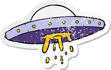 distressed sticker of a cartoon flying UFO