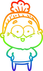 rainbow gradient line drawing of a cartoon happy old woman