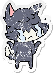 distressed sticker of a crying fox shrugging shoulders