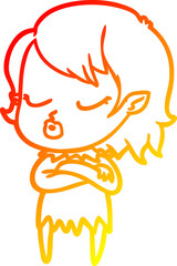 warm gradient line drawing of a cute cartoon vampire girl