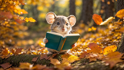 Cute cartoon mouse reading a book in the autumn park - obrazy, fototapety, plakaty