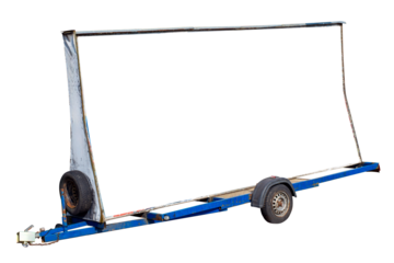 Car trailer with built-in advertising space. Advertising trailer for street promotion. Isolated background.