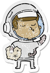 distressed sticker of a cartoon confident astronaut
