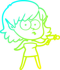 cold gradient line drawing of a cartoon elf girl with ray gun