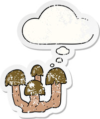 cartoon mushrooms with thought bubble as a distressed worn sticker