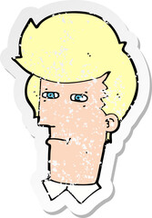 retro distressed sticker of a cartoon man narrowing eyes