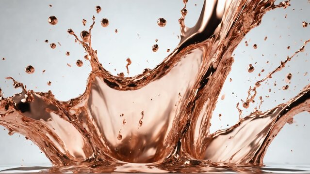Liquid rosegold splash close up. Side view on white background. Liquid metal crown splash. Generated with AI