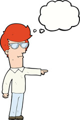 cartoon man in glasses pointing with thought bubble