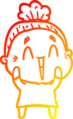 warm gradient line drawing of a cartoon happy old lady