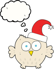 freehand drawn thought bubble cartoon little owl wearing christmas hat