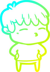 cold gradient line drawing of a cartoon curious boy