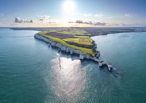 Amazing panorama aerial view of the famous Old Harry Rocks, the most eastern point of the Jurassic Coast, a UNESCO World Heritage Site