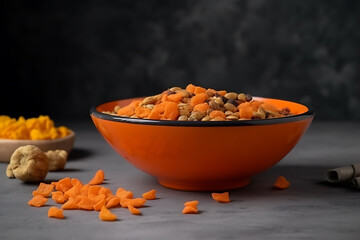 Fototapeta na wymiar Dry food in orange pet bowl on grey surface