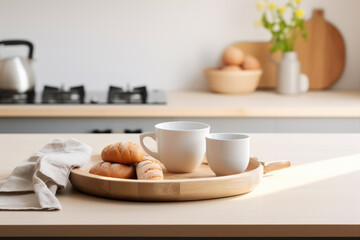 Fototapeta na wymiar Wooden tray with two cups of coffee and some croissants. Perfect for cozy breakfast or coffee break.