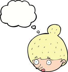 cartoon surprised woman's face with thought bubble