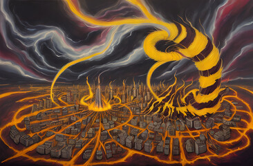Firestorm, tsunami, over the city, drawing style, Generative AI