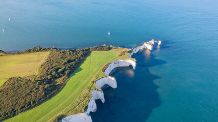 Amazing aerial view of the famous Old Harry Rocks, the most eastern point of the Jurassic Coast, a...