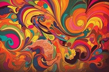 Abstract illustration with vibrant, curvy, psychedelic ornament as a colorful background. Generative AI