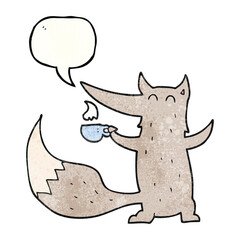 freehand speech bubble textured cartoon wolf with coffee cup