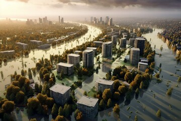 Severe inundation caused by extensive flooding in the year 2021. Generative AI