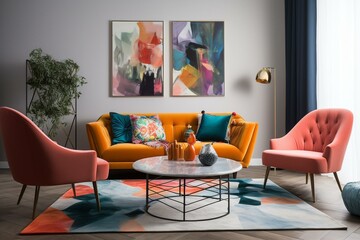 A vibrant living room with bold furniture, colors, and art that creates a cozy yet stylish atmosphere. Generative AI