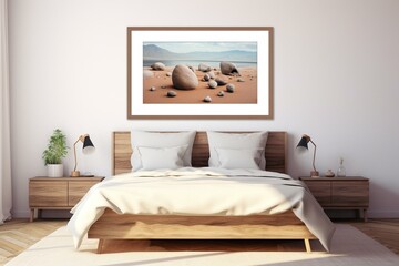 Framed display in bedroom setting, computer-generated image. Generative AI