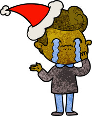 hand drawn textured cartoon of a man crying wearing santa hat