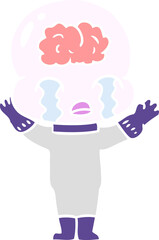 flat color style cartoon big brain alien crying