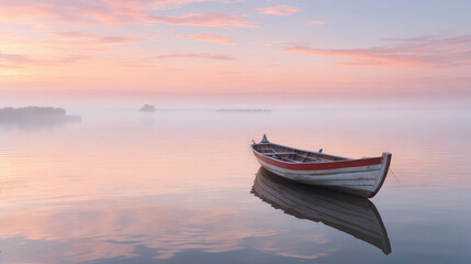 A rowboat moored at dawn on a misty lake. Copy space for text, advertising, message, logo