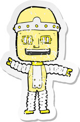 retro distressed sticker of a cartoon waving robot