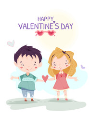 Happy Valentines Day poster. Cute birthday card with smiling little kids holding pink heart. Love and romance concept. Poster for holiday February 14. Cartoon flat vector illustration