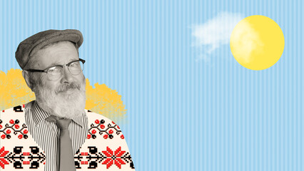 Senior man in glasses, cap and cloth with traditional ukraining ornament over blue background with...