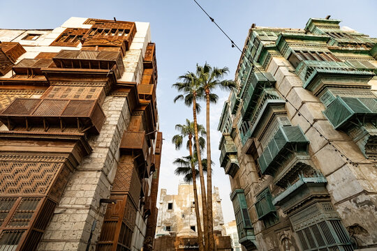 Traditional architecture of old Jeddah town El Balad district houses with wooden windows and balconies Unesco Heritage site in Jeddah Saudi Arabia