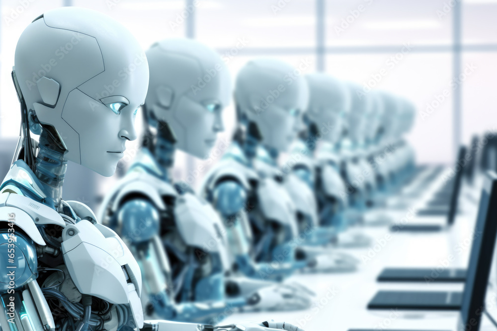 Aufkleber group of robots sitting together in front of laptop computer. this image can be used to represent te