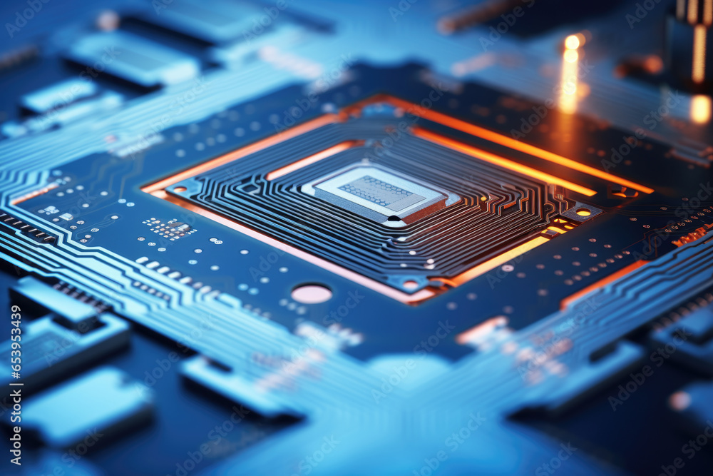 Poster detailed close-up of computer motherboard. this image can be used to illustrate technology, electron