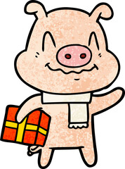 nervous cartoon pig with present