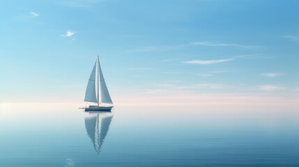 Yacht in Calm Maritime Scene with Sailboat on Horizon over Blue Ocean with Reflective Clouds. Copy space for text, advertising, message, logo