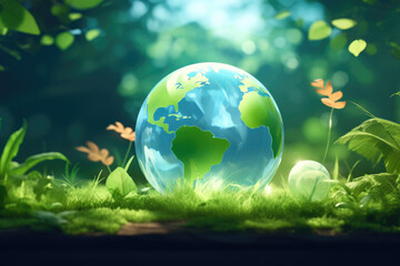 Picture shows Earth nestled in bed of vibrant green grass. This image can be used to represent environment, nature, or concept of global connectivity.