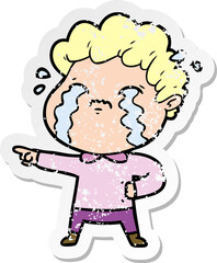 distressed sticker of a cartoon man crying