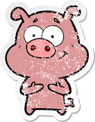 distressed sticker of a happy cartoon pig