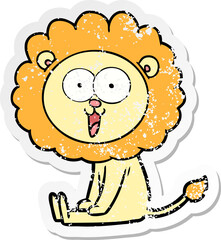 distressed sticker of a happy cartoon lion