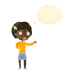 cartoon waving woman with thought bubble