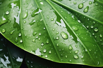 Vibrant green leaf covered in glistening water droplets. Perfect for nature-themed designs and projects.