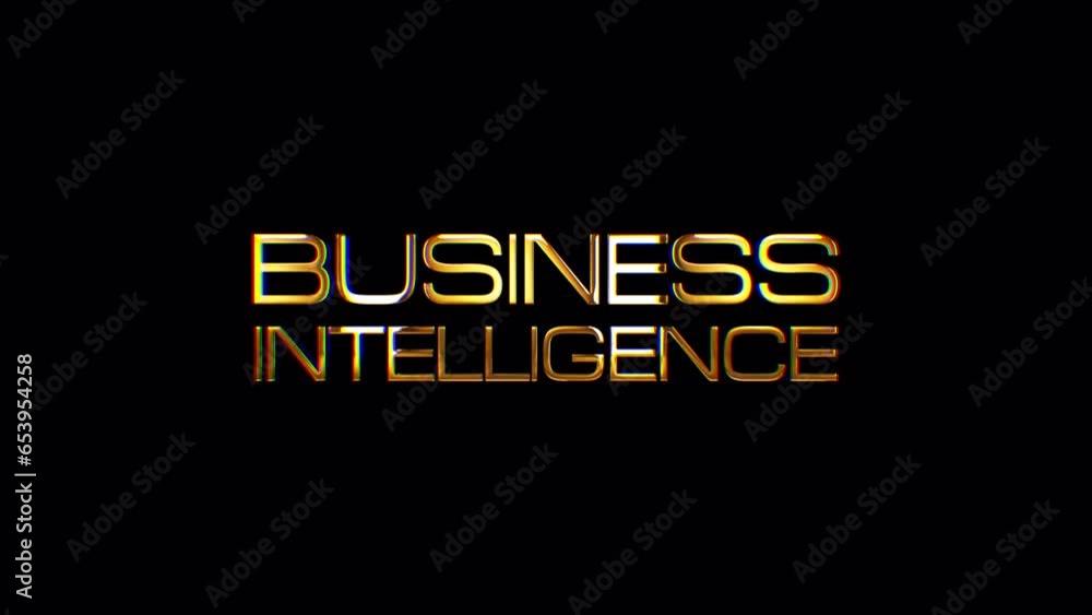 Poster business intelligence golden text with light glowing glitch effect. isolated with alpha channel pror
