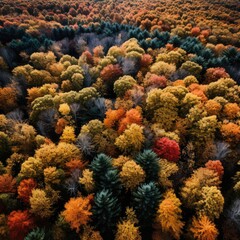 Naklejka na ściany i meble Autumn forest aerial view