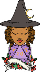 Retro Tattoo Style human mage with natural 20 D20 dice roll