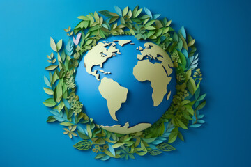 Naklejka premium planet Earth with green leaves wrapped around it, symbolizing nature, ecology, and care for environment, sustainable development