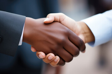 Close-up image of two people shaking hands. This picture can be used to illustrate business deals, partnerships, or agreements.