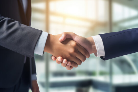 Close up image of two people shaking hands. This picture can be used to represent agreements, partnerships, and business interactions. It is perfect for corporate presentations, brochures.